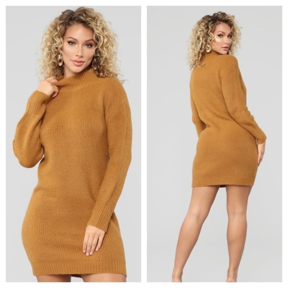 Fashion Nova Sweater Dress Cold Winter Nights Sweater in Mustard Yellow S/M